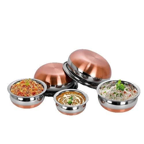Image of Stainless Steel Copper Bottom Kitchen Serving, Cooking Bowl | Biryani Handi | Handi Set 5-Pieces