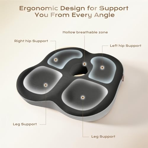 Image of Coverado Seat Cushion for Sciatica Pain Relief, Ergonomic Memory Foam Wheelchair Cushions, Non-Slip Washable Car Seat Cushions for Driving Travel Truck Office Chair Car Driving Driver Gray&Black