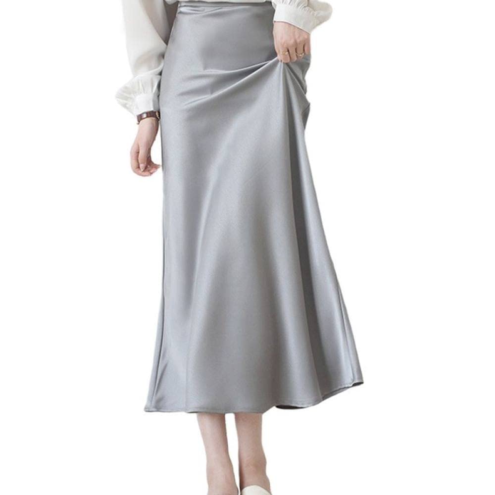 OZEO Rock Damen,Damen Satin Slim Midi Röcke Grau Hohe Taille Hüften Umwickelter Fischschwanz Rock Sommer A-Linie Swing Rüschen Elegantes Büro Lange Röcke Für Mädchen Damen,S