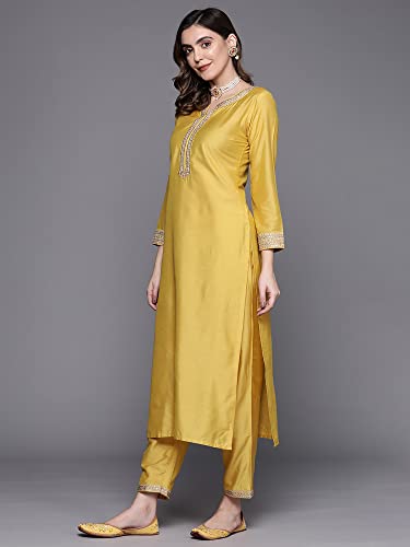 Image of INDO ERA Women's Silk Embroidered Straight Kurta With Pant & Dupatta Set