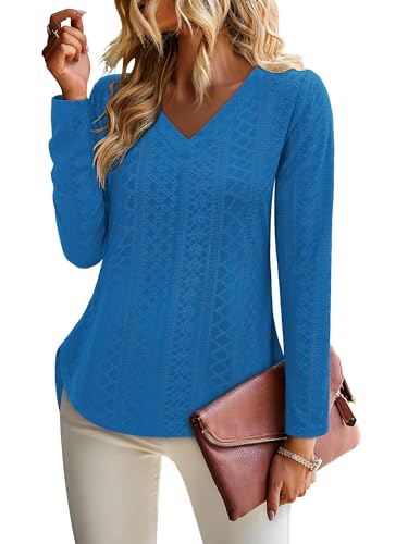 KISSMODA Long Sleeve Fall Shirts For Women V Neck Tunic Tops Embroidered Button Down Knitted Blouses 2025