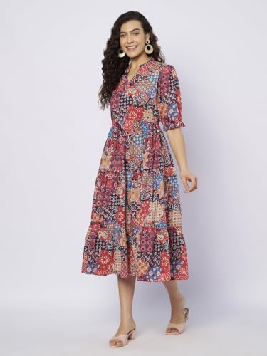 Image of PIDAVLIYA'S Women Cotton Printed Midi Dress with V Neck & Puff Sleeves | Flared A-Line Casual Summer Dress | Stylish Knee Length One Piece for Daily