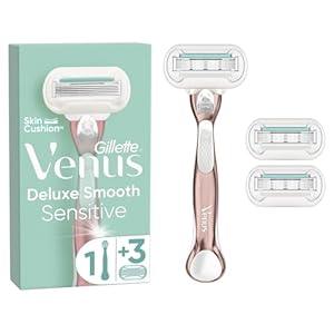 Gillette Venus Deluxe Smooth Sensitive Women’s Razor + 3 Razor Blade Refills, with Rose Gold Metal Handle, Lubrastrip with A Touch of Aloe Vera