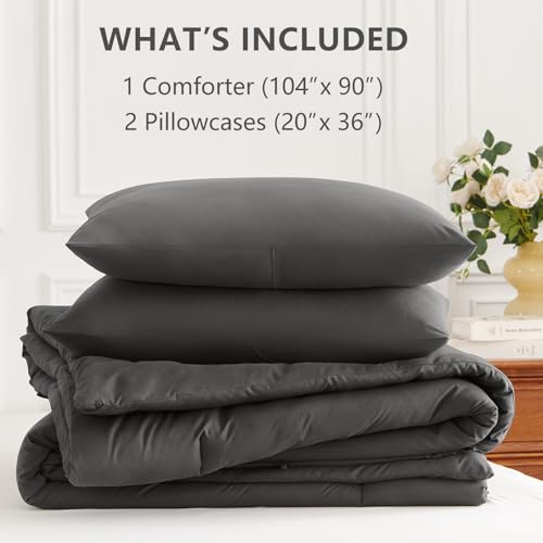 Image of HIMEET King Size Comforter Set, 3 Pieces with 2 Pillowcases, Dark Grey | 270GSM Down Alternative Fill, Oeko-TEX Certified, 8 Corner Ties Quilted, All Season, Fluffy Bed Set, Bedroom Decor Bedding