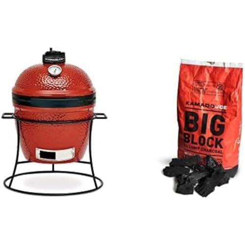 Kamado Joe Joe Jr. Barbacoa de carbón de cerámica en rojo fuego + Kamado Joe 9.1kg XL Carbón natural reutilizable para barbacoa, ahumado y parrilla.