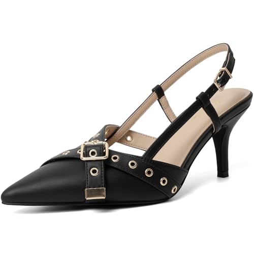 Mostrin Black Slingback Kitten Heels for Women Studded Heeled Pumps Pointed Closed Toe Heels Vintage Stiletto Pumps Shoes Size 7.5