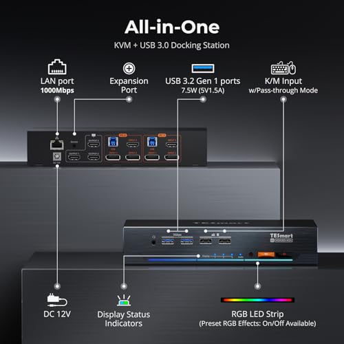 Image of TESmart 4K@144Hz Displayport + HDMI KVM Switch 3 Monitors 2 Computers USB 3.0, HDMI 2.1&DP 1.4 KVM Switch Triple Monitors 8K@60Hz Gaming, Support EDID, Gigabit Network, VRR, All Input Cables Included