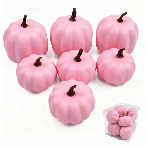 Image of Ghrdopy 7 Pcs Pink Fake Pumpkins for Thanksgiving Table Centerpiece | Foam Pink Artificial Pumpkins Decor for Fall, Halloween Dining Table & Indoor Autumn Farmhouse Decoration