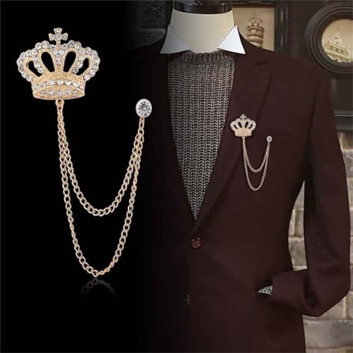 Image of coadipress Crown With Hanging Chain Brooch for Women Men Elegant Gentlemen Gold Silver Crystal Crown Lapel Pin Vintage Rhinestone Wedding Brooch Suit Shirt Pin Accessories