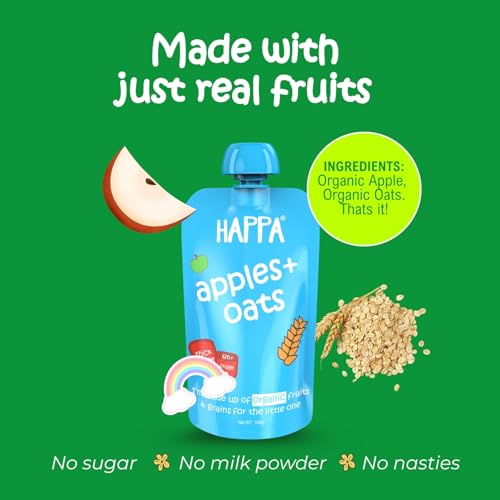 Image of Happa Organic Baby Food Puree | 100% Fruits | No Added Sugar, No Milk Powder, No Preservatives | Stage 2 (6 Months+) | Ready to Eat | Free from Common Allergens | Pack of 12 (100g Each)