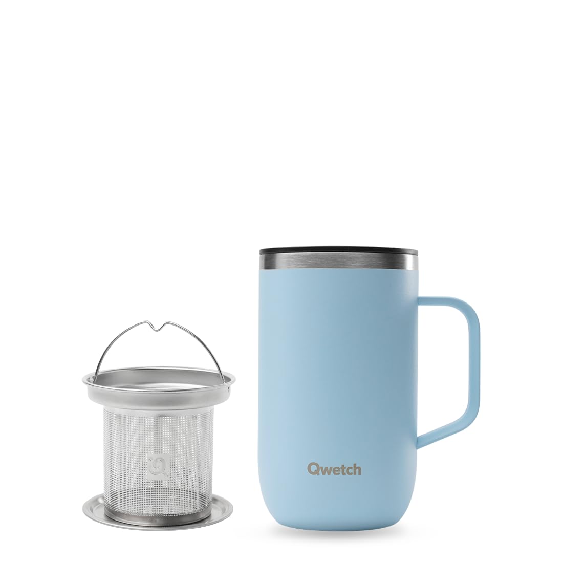 QWETCH - Recycled Stainless Steel Insulated Mug with Handle & Filter Pastel Blue - Insulated Tea Pot 470ml - Thermo Coffee & Tea - 6h Hot & 12h Cold - Anti-Splash Sliding Cap