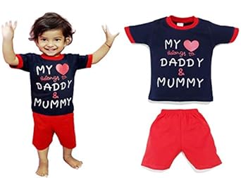 JUSFAB Infant wear Kids-wear Baby Boy Girl Clothes T-shirt Pant Set 100% Cotton Blue Tee Red Bottom MLMD-NAVY-AFN