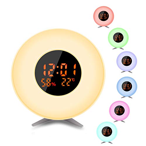 Preisvergleich Produktbild Pulchrarm Nachtlicht mit Sonnenaufgangssimulator, Temperatur, Feuchtigkeit, Licht in 7 Farben, 5 natürliche Geräusche, 10 Helligkeitsstufen, Tischlampe für Dekoration, Geschenk