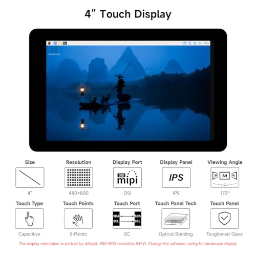 Image of waveshare 4inch Capacitive Touch Display Compatible with Raspberry Pi5 /4B /3B+ /3A+ /CM3+ /4 480x80 Resolution DSI Interface IPS Optical Bonding Screen