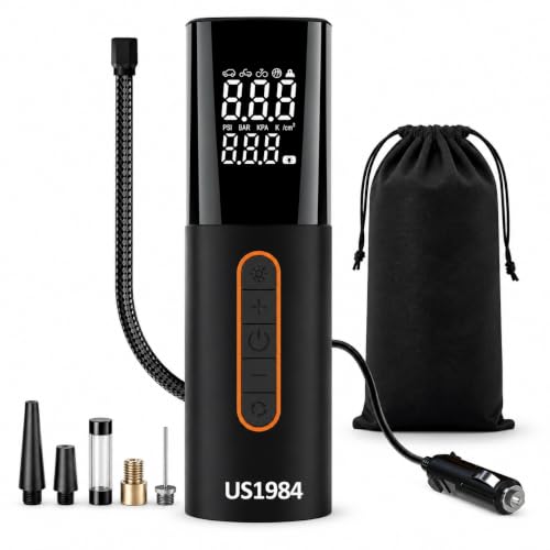 Image of Portable 12V DC Corded Tyre Inflator for Cars, 150 PSI, Fast Inflation, Digital LED Display, 3M Power Cord, Pressure Detection & Auto Shut Off, Emergency LED Light