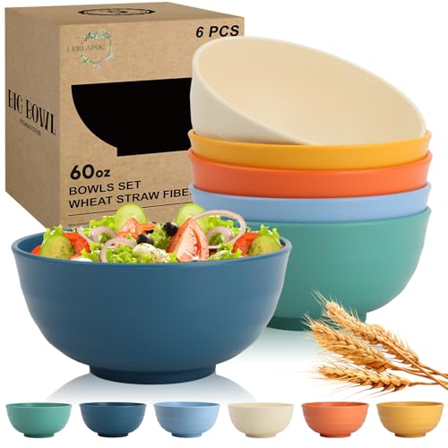Image of Wheat Straw Bowls 60 OZ, Unbreakable Large Salad Bowl Set of 6, Microwave and Dishwasher Safe Big Bowls for Kitchen, Camping, Picnic, RV, Serving Bowl Set for Ramen, Cereal, Soup - Multi