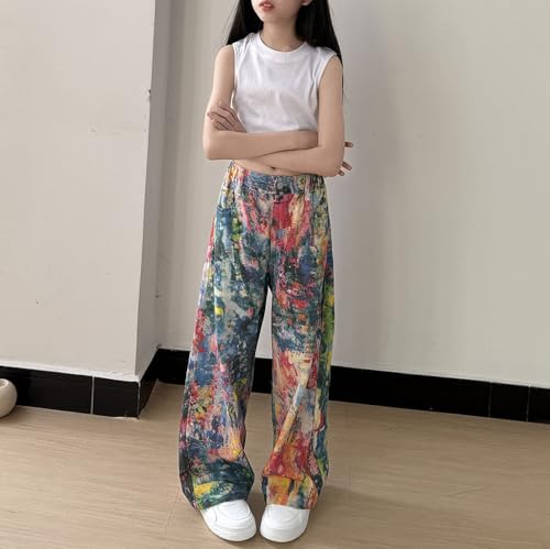 Girls Baggy Jeans Oil Painting Denim Cargo Pants Y2K Streetwear Cargo Pants Artistic Splatter Jeans Tie Dye Trousers4