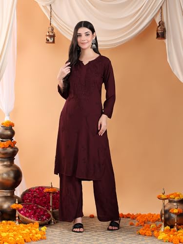 Image of POSHAK CHIKAN STUDIO Women's Hand Embroidered Lucknowi Chikankari Rayon Co-ord Set