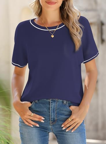 Image of SHEWIN Womens Tops Trendy Short Sleeve Shirts Crewneck Lightweight Knit Sweater Top Business Casual Outfits