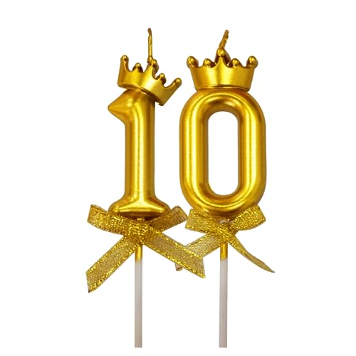 Image of 2 Pc 10 Number Candle for Birthday Cake Metallic Gold Number Candle with Crown on Top for Anniversary Cake Topper 10th Birthday Cake Decoration (Pack of 2, Gold).