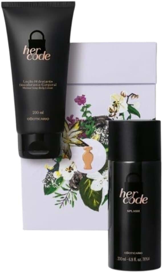 O Boticário Her Code Kit Presente Splash 250ml + Loção Hidratante 200ml, Fragrância Floral Amadeirada, Embalagem Decorativa