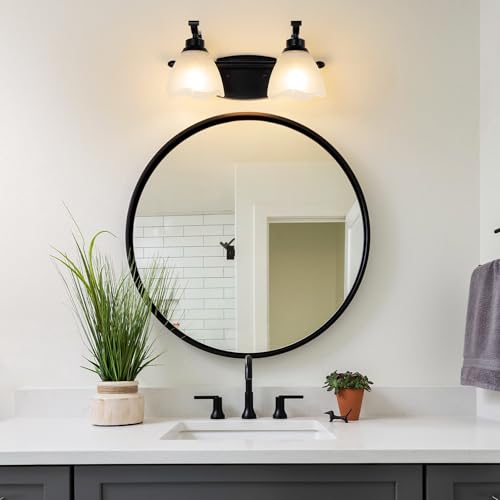 Image of Bathroom Light Fixtures (2-Light, 15 Inch), Matte Black Vanity Lights for Bathroom with White Frosted Glass Shade, Modern Vanity Wall Lights for Mirror Bedroom Living Room Hallway