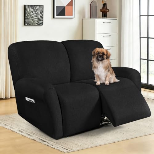 Image of ANARACHON Leather Look Loveseat Recliner Covers Stay in Place 6-Piece Recliner Sofa Slipcover 2 Seater Reclining Couch Cover Furniture Protector Spandex Fabric Washable (Recliner Loveseat,256Black)