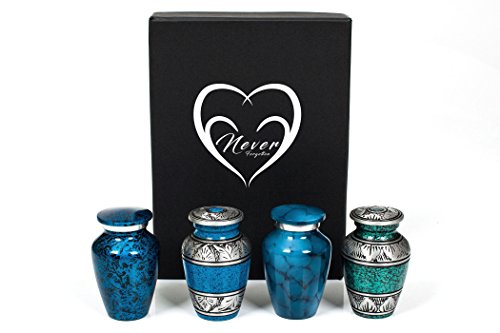 Never Forgotten Keepsake Urns - Set of 4 Cremation Urns in Shades of Blue with Display Box - Keepsake Urns - Suitable as Urns for Human Ashes or Pet Cremation Urns - Handcrafted & Affordable Mini Urns