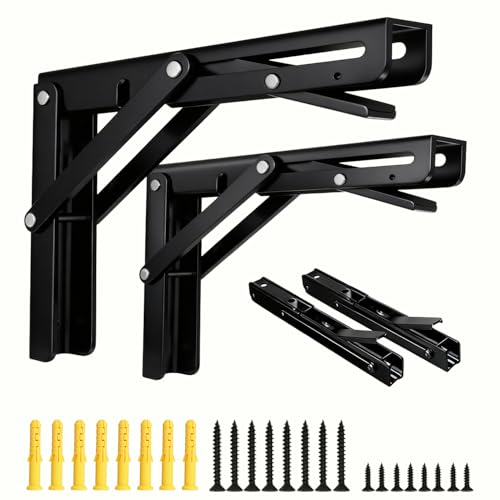 AINVLPRO Folding Shelf Brackets, Collapsible Heavy Duty Shelf Brackets for Fold Down Desk, 14 Inch with 2 Pack, Black