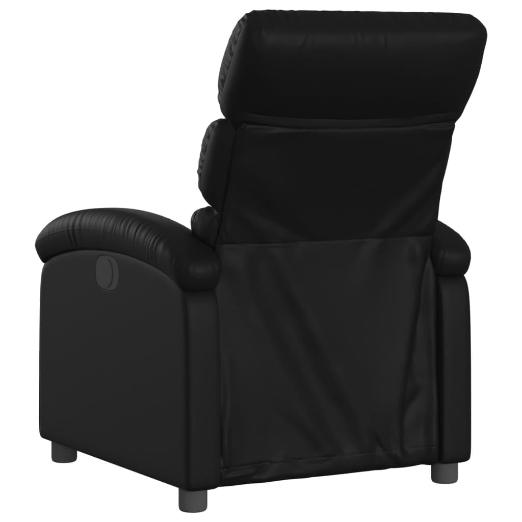 Fotel relaksacyjny, elektryczny, czarny, sztuczna skóra, z funkcją leżenia, regulowane oparcie i podnóżek, stabilna rama drewniana, ergonomiczny fotel telewizyjny do salonu i kącika do