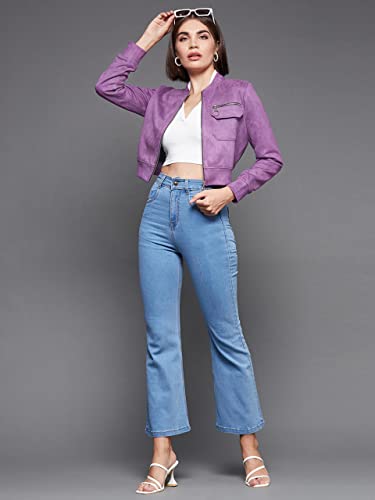 Image of Miss Chase Women's Off White V-Neck Full Sleeves Bomber Cropped Jacket
