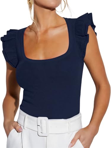 Image of INFITTY Shirts for Women Casual Ruffle Sleeve T Shirts Square Neck Tops 2026 Summer Fashion Dressy Tunic Blouses Navy Blue S