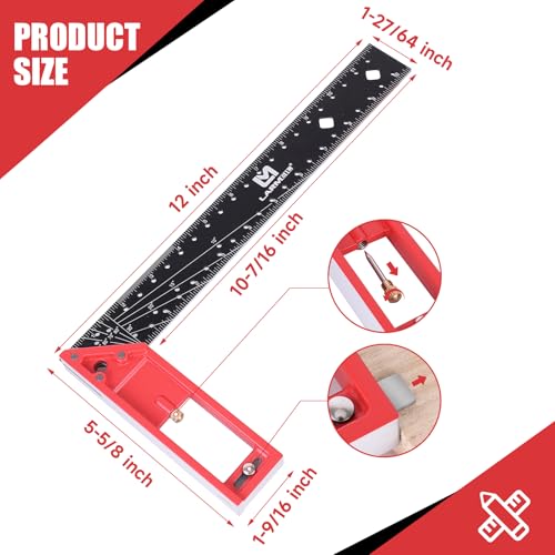 LARMEIL 12 Inch Framing Square Carpenter Square, Tri Square Tool, Try Square for Woodworking, T Square Ruler, L Square Ruler, Right Angle Ruler,Framing Tools, Anodized Ruler Body, Red & Black by LARMEIL - Used condition - Image 7
