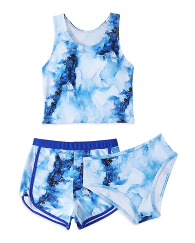 Momkonzz Girls Swimsuits 3Pcs Kids Bikini Sets Racerback Tankini with Swim Shorts Tween Swimming Costume 7-14T (Blue, 7-8T)