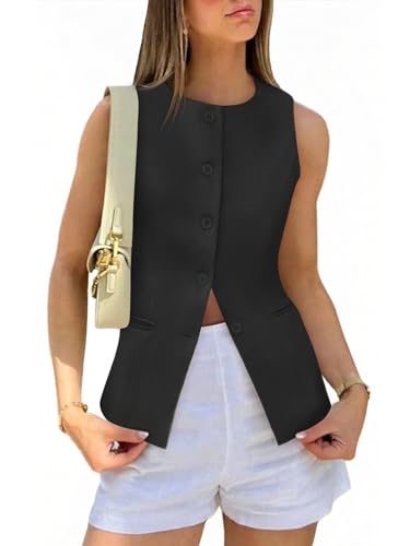 Tankaneo Womens Tweed Sleeveless Vest Crew Neck Button Down Fitted Blazer Vest Tops Work Casual Waistcoat