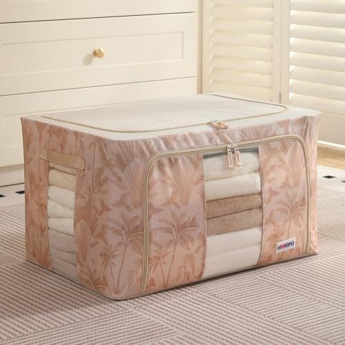 Image of HOKIPO 88L(XL) Wardrobe Organiser for Storage of Clothes, 600D Oxford Fabric Storage Box, Beige Botanica Pack of 1 (AR-6487-BGE)