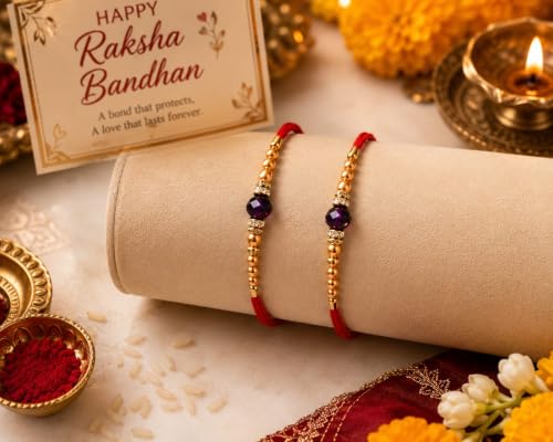 Image of Canfinity Premium Designer Rakhi Set for Brother Pack of 2 | Purple Crystal Beads & Golden Pearl Handmade Rakhi | Traditional Raksha Bandhan Thread Bracelet for Bhai | Fancy Festival Rakhi Gift | Skin Friendly, Lightweight, Comfortable, Durable & Elegant Design for Raksha Bandhan Celebration