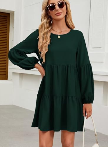 Image of QACOHU Falll Dresses for Women 2026 Crew Neck Long Lantern Sleeve Casual Loose Flowy Swing Shift Dress