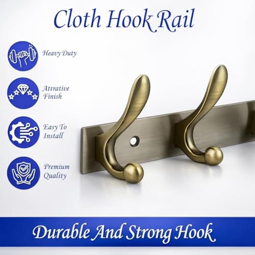 Image of Exclusive Extra Long 40 cm Antique Brass 6 Pin Metal Bathroom Cloth Hooks Hanger Door Wall Robe Hooks Rail for Hanging Keys, Clothes, Towel (3, Antique)