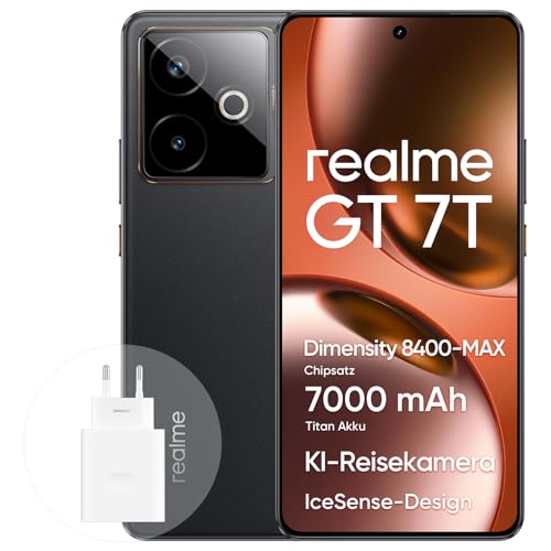 realme GT 7T Smartphone 5G 12+512 GB, Dimensity 8400-MAX Chipsatz, 7000-mAh-Akku, 6,78″ 1,5K 120Hz Display, AI Travel Snap Kamera, IP69, IceSense Schwarz., 358.36 €
