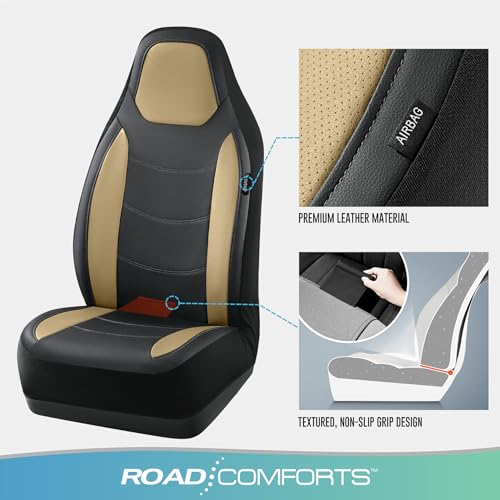 Road Comforts Car Seat Cover, Front Leather Car Seat Covers, Automotive Low Back Sport Car Seat Covers, Airbag Compatible, Universal Fit for Most Cars (Beige)