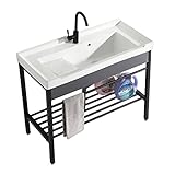 Tina de lavandería de cerámica, lavabo de pie de acero inoxidable, fregadero de jardín extraíble con grifo con estante, lavadero exterior blanco, garaje, fregadero de jardín 90cm/35.4in