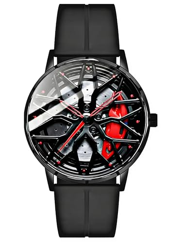 Image of Oculus Men's 3D Car Wheel Rotating Watch, Luxury Sport Quartz with Hollow Hub Dial, Magnetic Silicone Strap, Automotive-Inspired Design, Black Magnetic Straps