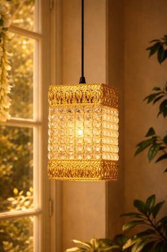Image of Modern Crystal Pendant Light | Gold Hanging Ceiling Lamp with Crystal Beads | Luxury Decorative Chandelier Light for Living Room, Bedroom, Dining Area (Regal Crystal Tower)