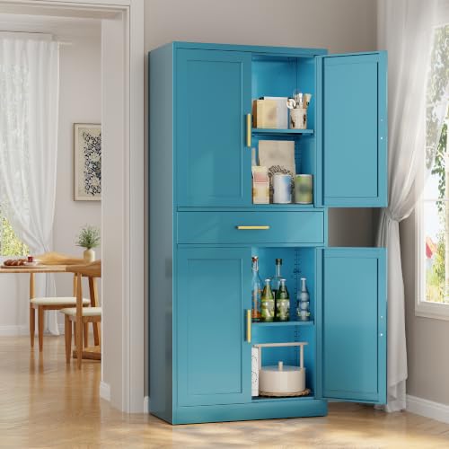 Image of Wanfu Metal Kitchen Pantry Cabinet, 71 inch Tall Kitchen Storage Cabinet with 1 Drawer, Doors and 2 Adjustable Shelves, Metal Storage Cabinet for Kitchen, Dining Room, Living Room- Blue