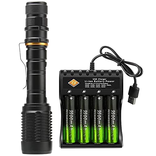 Super Bright LED 18650 Tactical Flashlight with 4X 3.7V 18650 Rechargeable Battery,Zoomable Flashlight, 5 Modes for Camping Hiking Emergency Use