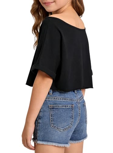 Image of Girls Off the Shoulder Tops Crop Short Sleeve Tees | Rolled Cuffs, Loose Fit, Crop Tops, Dance, Summer, Oversized, Trendy