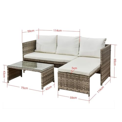 Florence 3-Seater Rattan Garden Furniture Set with Table - Comfortable Chaise Corner Sofa with Tempered Glass Table for Outdoors, Patio, Decking, Conservatory & Balcony - Beige 4 Florence 3-Seater Rattan Garden Furniture Set with Table - Comfortable Chaise Corner Sofa with Tempered Glass Table for Outdoors, Patio, Decking, Conservatory & Balcony - Beige - Image 4