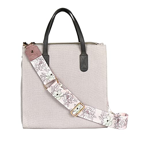 Crossbody Tote Bag - Grey Canvas with Flora Interchangeable Strap, Reusable Shoulder Bag, Includes Interior & Exterior Pockets, Magnet Snap Closure, 2 Handles, and More, by Erin Condren