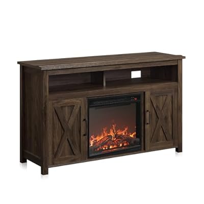 BELLEZE Modern 48" Barn Door Wood TV Stand with 18" Electric Fireplace Heater & Media Entertainment Center Console Table for TV up to 50" with Two Open Shelves and Cabinets - Corin (Dark Walnut)